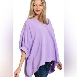 Zenana Woven Airflow V-neck Puff Half Sleeve Top